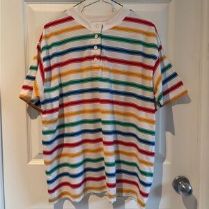 Unisex White Henley Long Sleeve Tee with Multi-Color Stripes